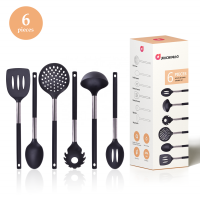 2021 Custom Nylon Kitchen Utensils Sets with wood Handle Soup Ladle Noodles Tools Round Slotted Spoon Spatula Cook Accessories